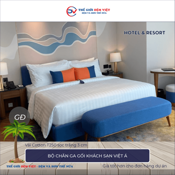 Bộ chăn ga gối khách sạn Việt Á vải Cotton T250 sọc trắng 3cm 4